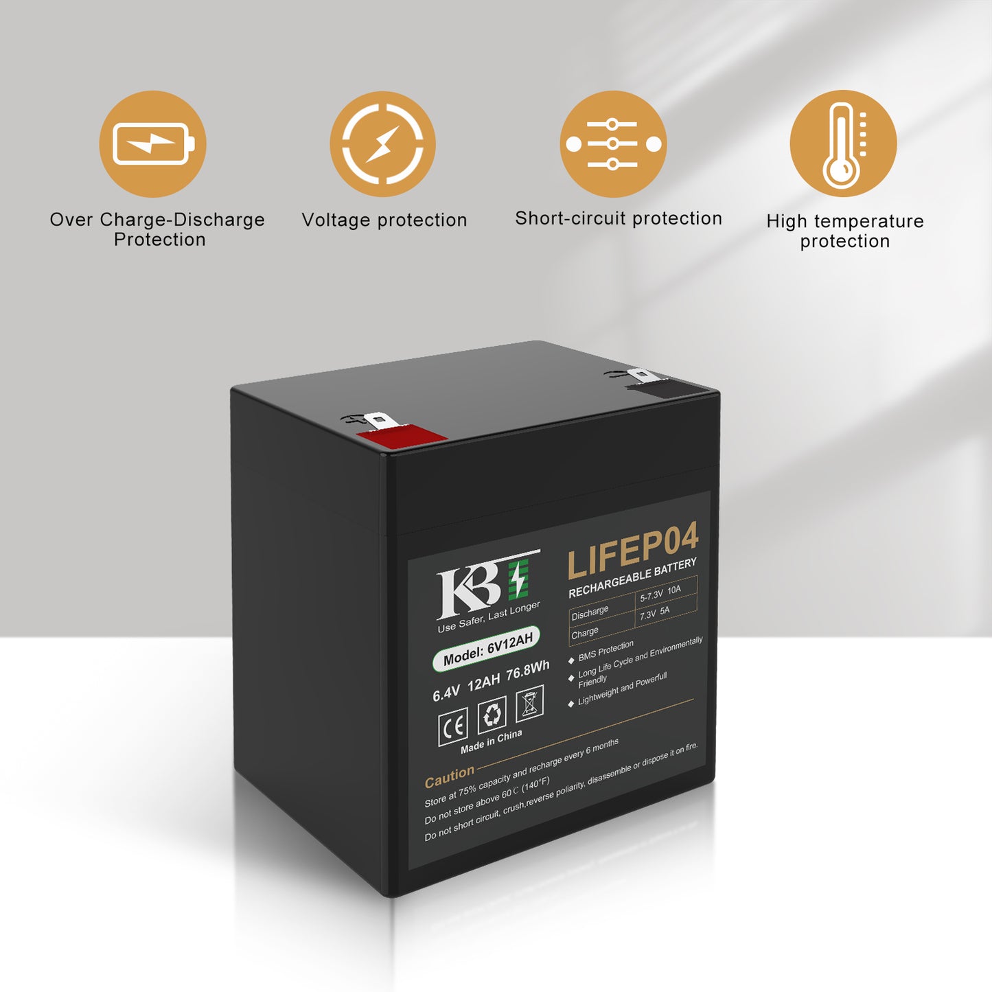 KBT 6V 12Ah Rechargeable LiFePO4 Lithium Replacement Battery, Long Lasting Life, with Charger, Charging Cable, Cable Connector, for Ride on Toys, Emergency Lights, Fencing, Electric Signs, Lanterns