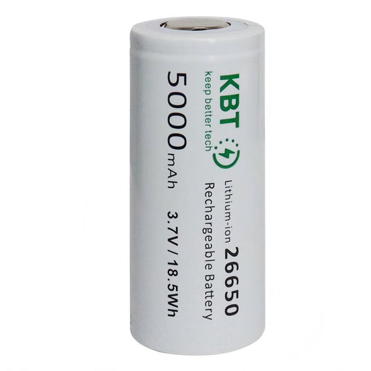 KBT 3.7V 5000mAh 26650 Rechargeable Battery, Flat Top - 1pack