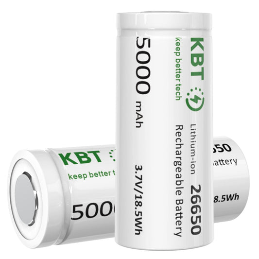 KBT 3.7V 5000mAh 26650 Rechargeable Battery, Flat Top - 2pack
