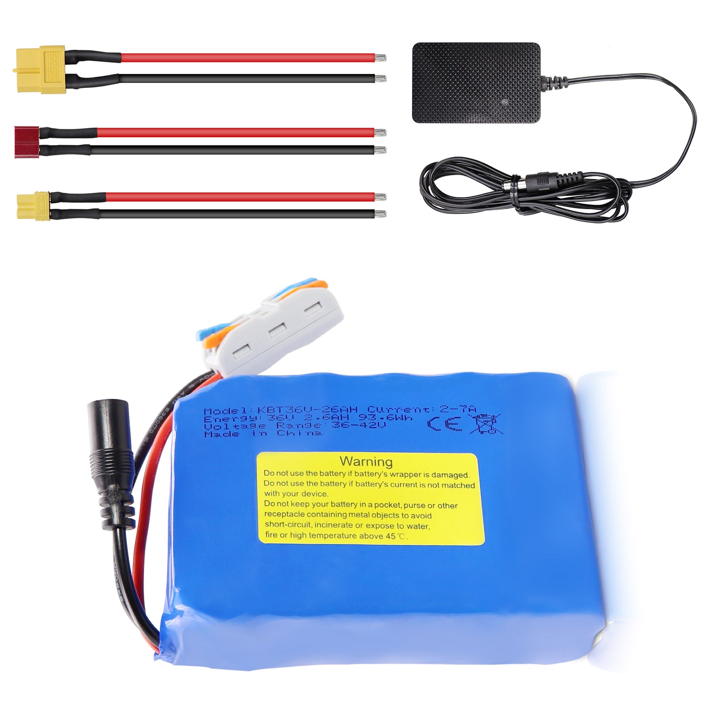 KBT 36V 2.6Ah Rechargeable Lithium Battery with Charger, Charging Cable, Cable Connector