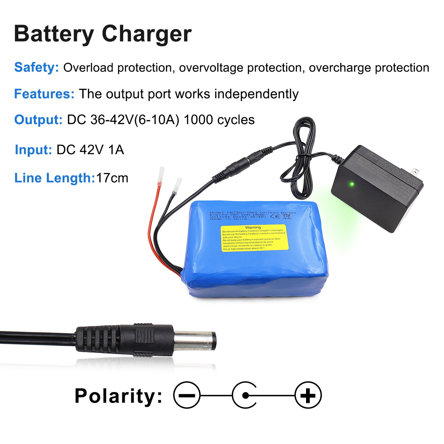 KBT 36V 5Ah Rechargeable Li-ion Battery Pack, with Charger, Charging Cable, Cable Connector, Build-in 10A BMS