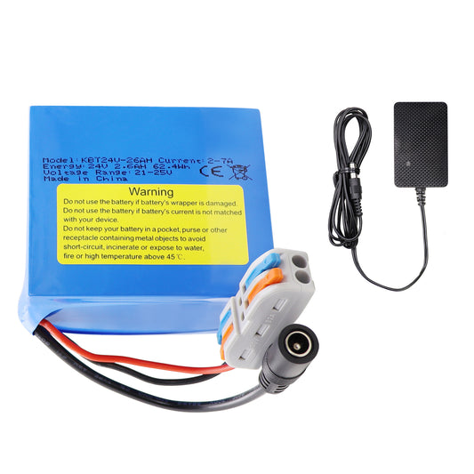 KBT 24V 2.6Ah Rechargeable Lithium Replacement Battery with Charger, Charging Cable, Cable Connector