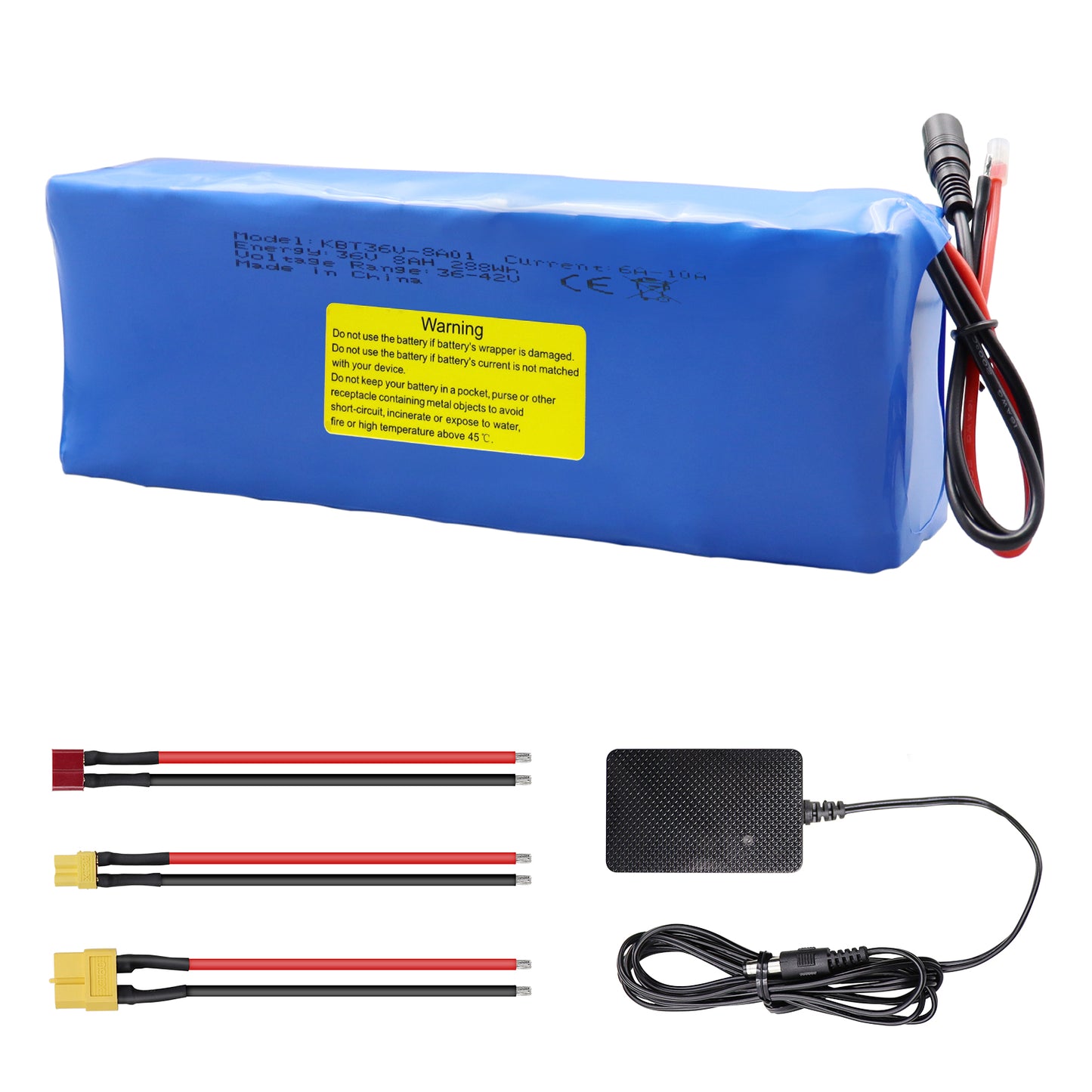 KBT 36V 8Ah Rechargeable Lithium Battery Pack, with Charger, Charging Cable, Cable Connector, Build-in 10A BMS