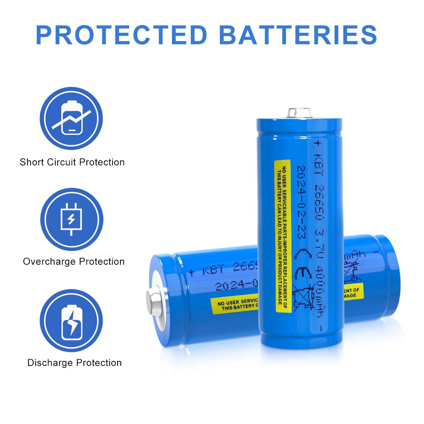 KBT 26700 Flashlight Battery (Positive & Negtive in The Same End) Button Top 3.7V Rechargeable 4000mAh Battery with Protection Board - 2Pack