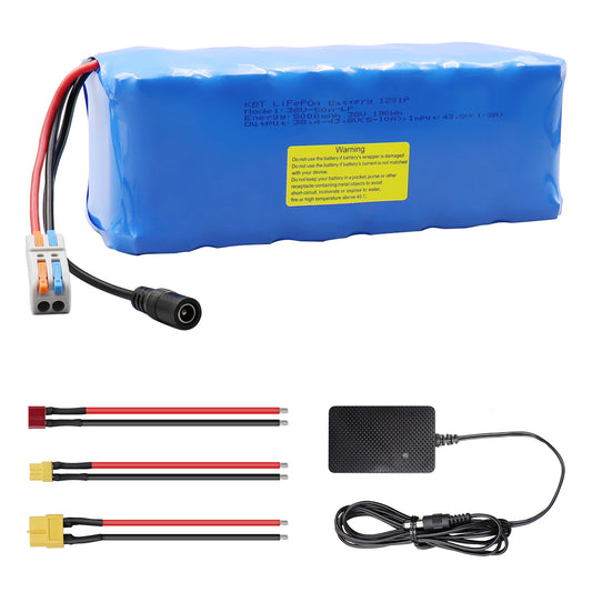 KBT 36V 5Ah Rechargeable LiFePO4 Battery Pack, with Charger, Charging Cable, Cable Connector, Build-in 10A BMS