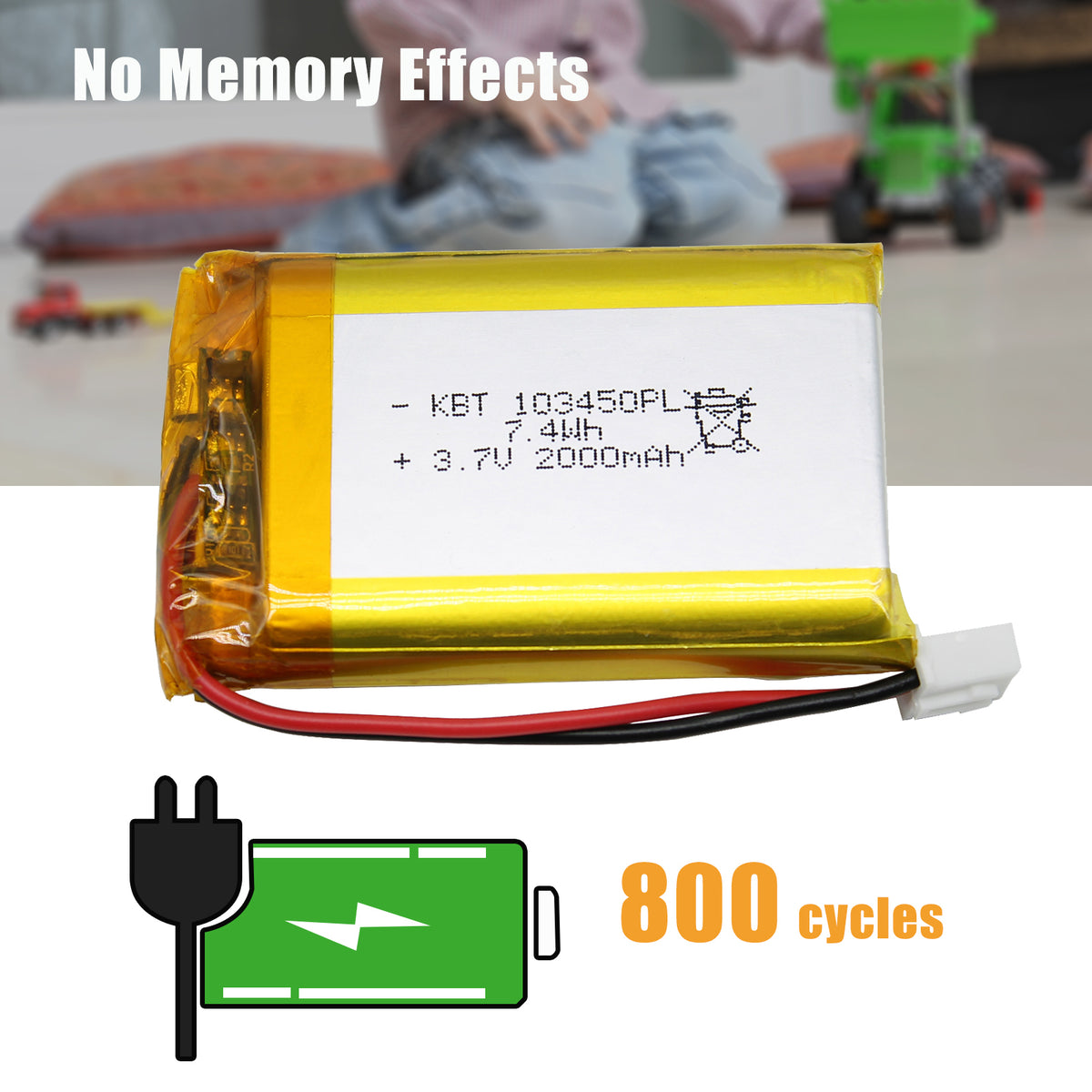 KBT 103450PL 3.7V 2000mAh Li-Polymer Rechargeable Battery with 2Pin 2.54 JST Connector