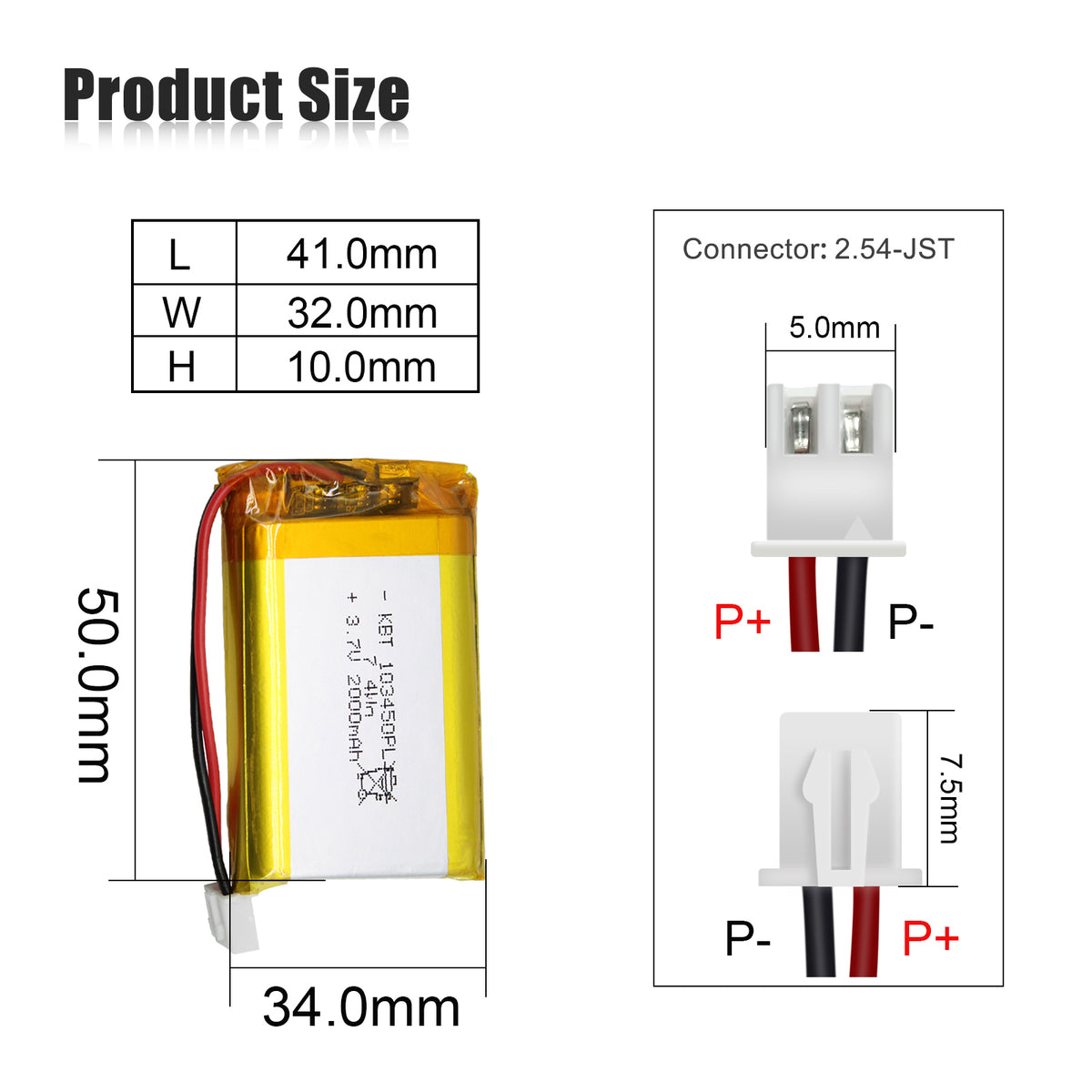 KBT 103450PL 3.7V 2000mAh Li-Polymer Rechargeable Battery with 2Pin 2.54 JST Connector