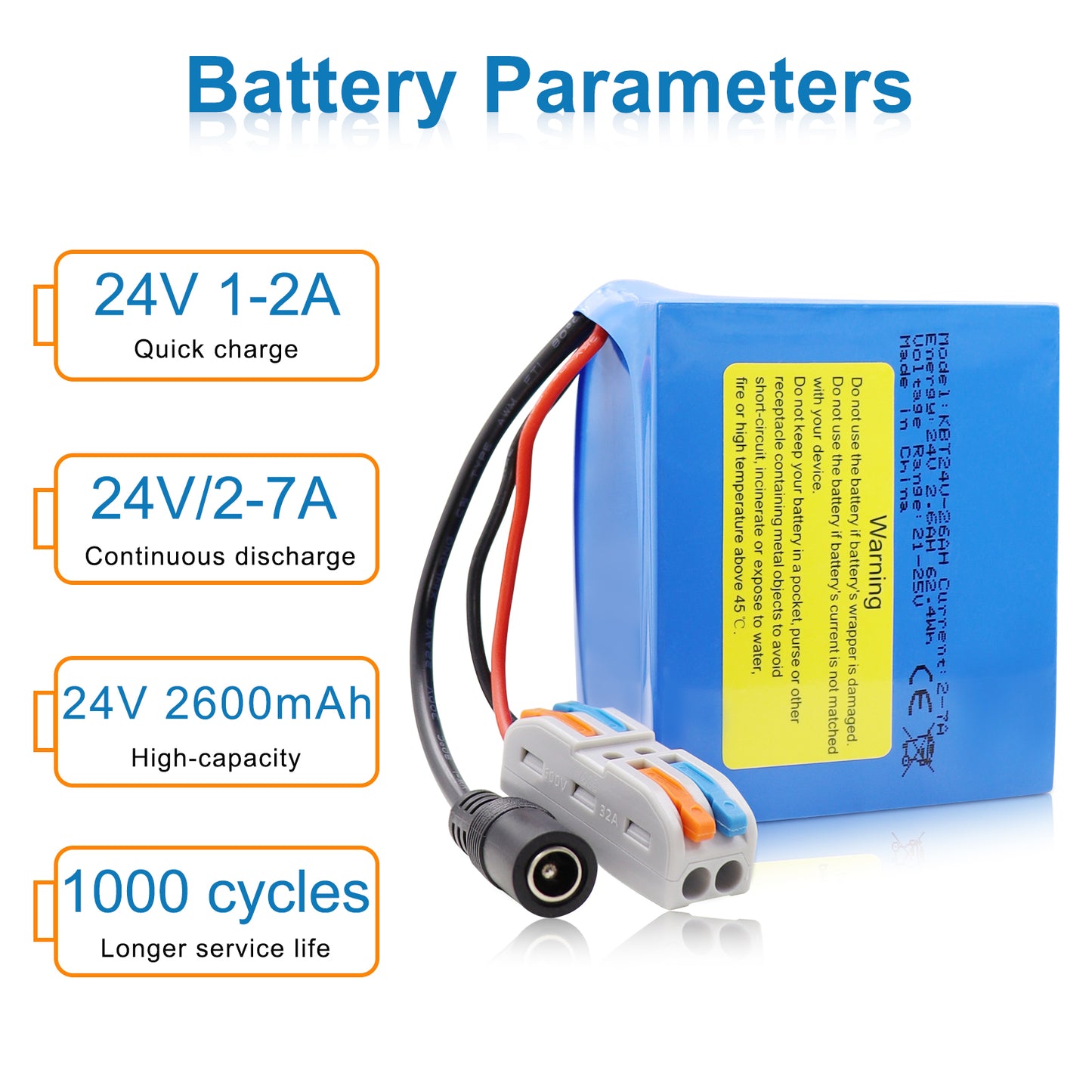 KBT 24V 2.6Ah Rechargeable Lithium Replacement Battery with Charger, Charging Cable, Cable Connector