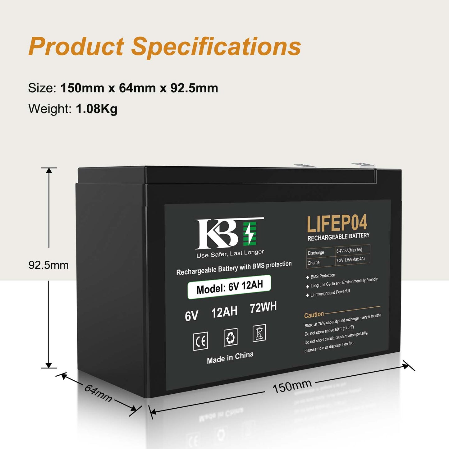 KBT 6V 12Ah Rechargeable LiFePO4 Lithium Battery*10 PCS