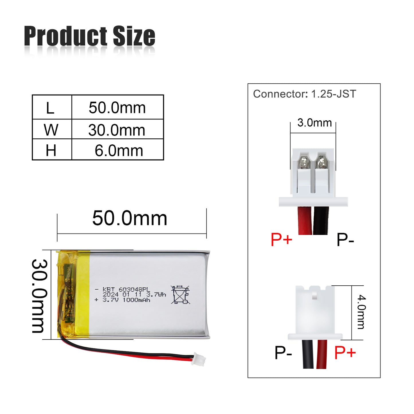 KBT 3.7V 1000mAh Li-Polymer Battery: 603048PL Lipo Rechargeable Lithium-ion Replacement Batteries with PH1.25/2.0/2.54 JST Connector