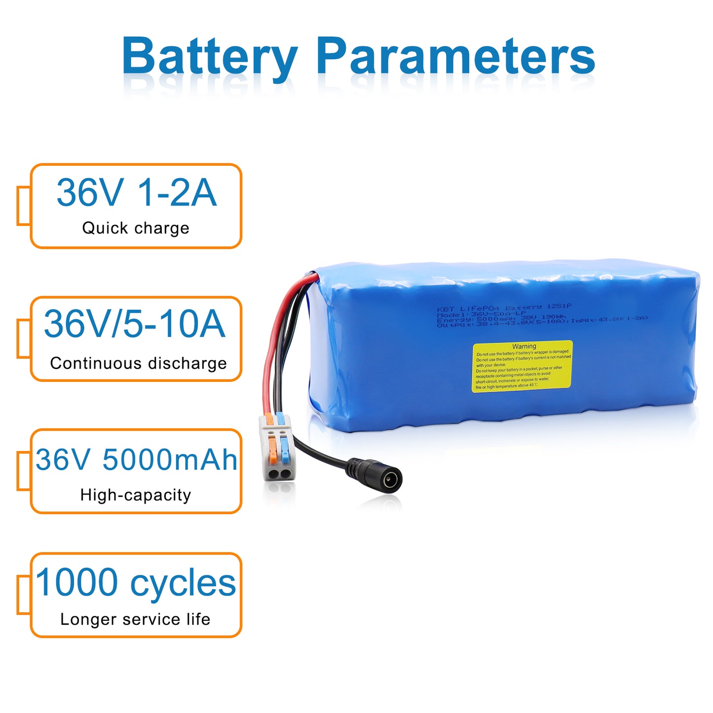 KBT 36V 5Ah Rechargeable LiFePO4 Battery Pack, with Charger, Charging Cable, Cable Connector, Build-in 10A BMS
