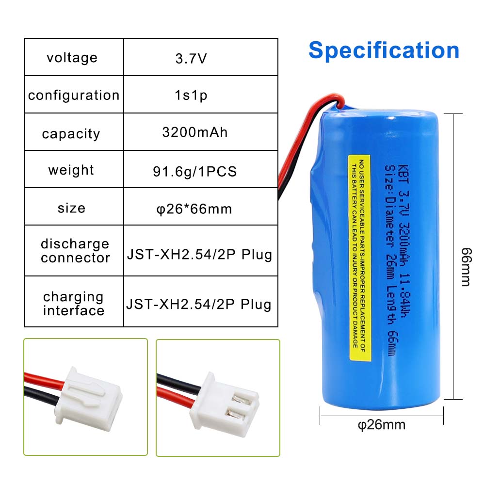 KBT 3.7V 3200mAh Li-ion Battery, JST 2Pin 2.54 Plug Connector for RC Car Toys