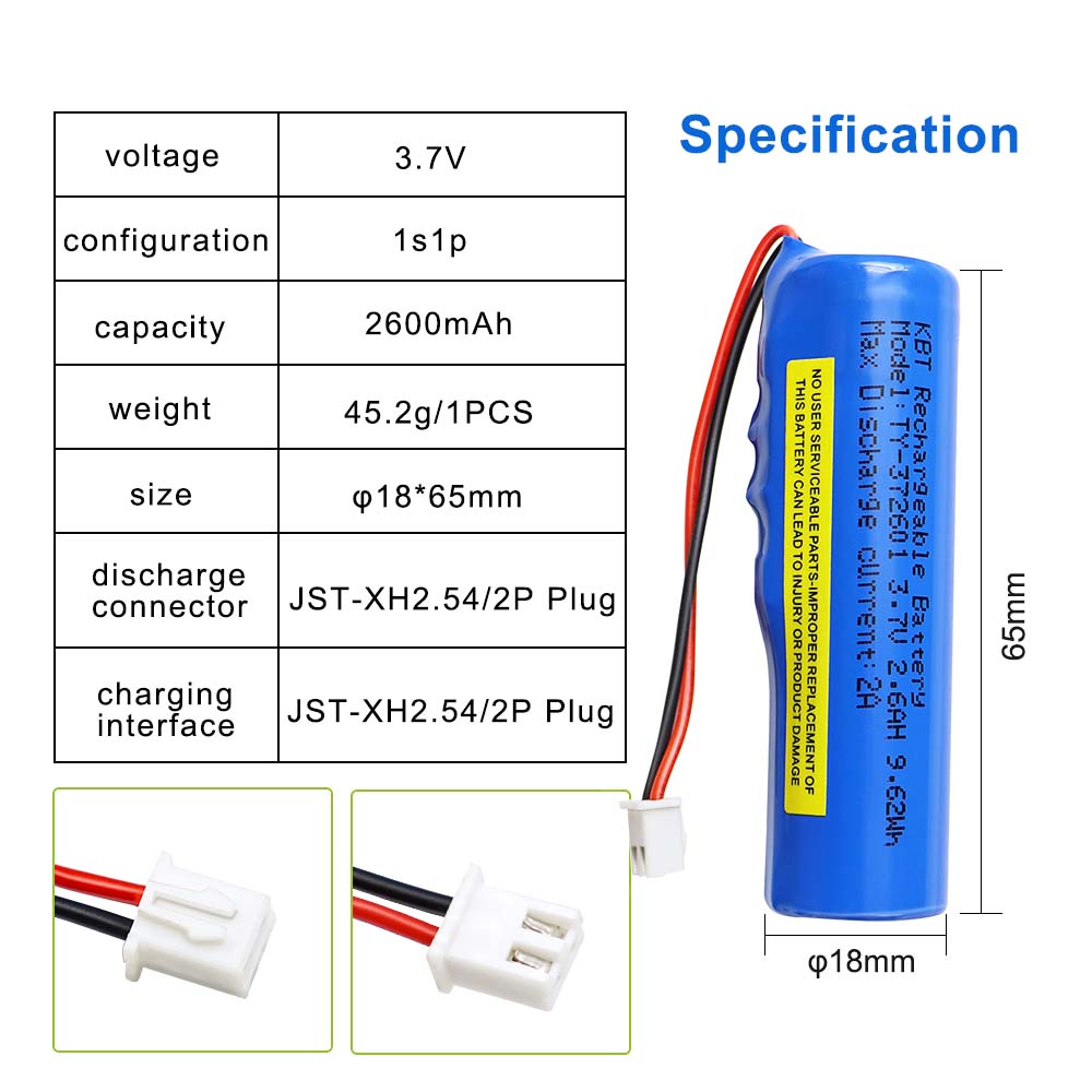 KBT 3.7V 2600mAh Li-ion Battery, JST 2.54 Connector for RC Car Toys