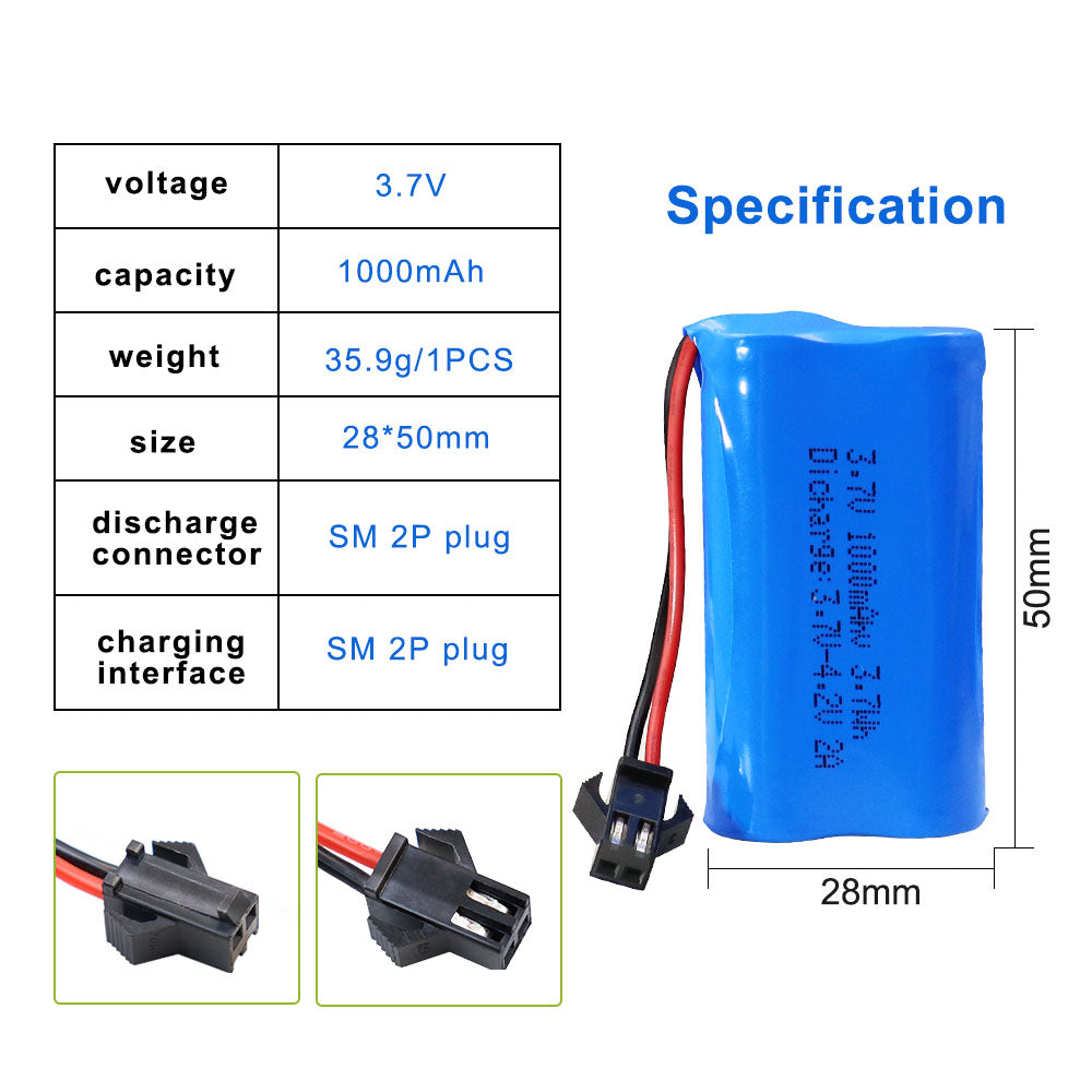 KBT 3.7V 1000mAh Li-ion Battery, SM-2Pin Plug, with Charging Cable, for RC Car Toys
