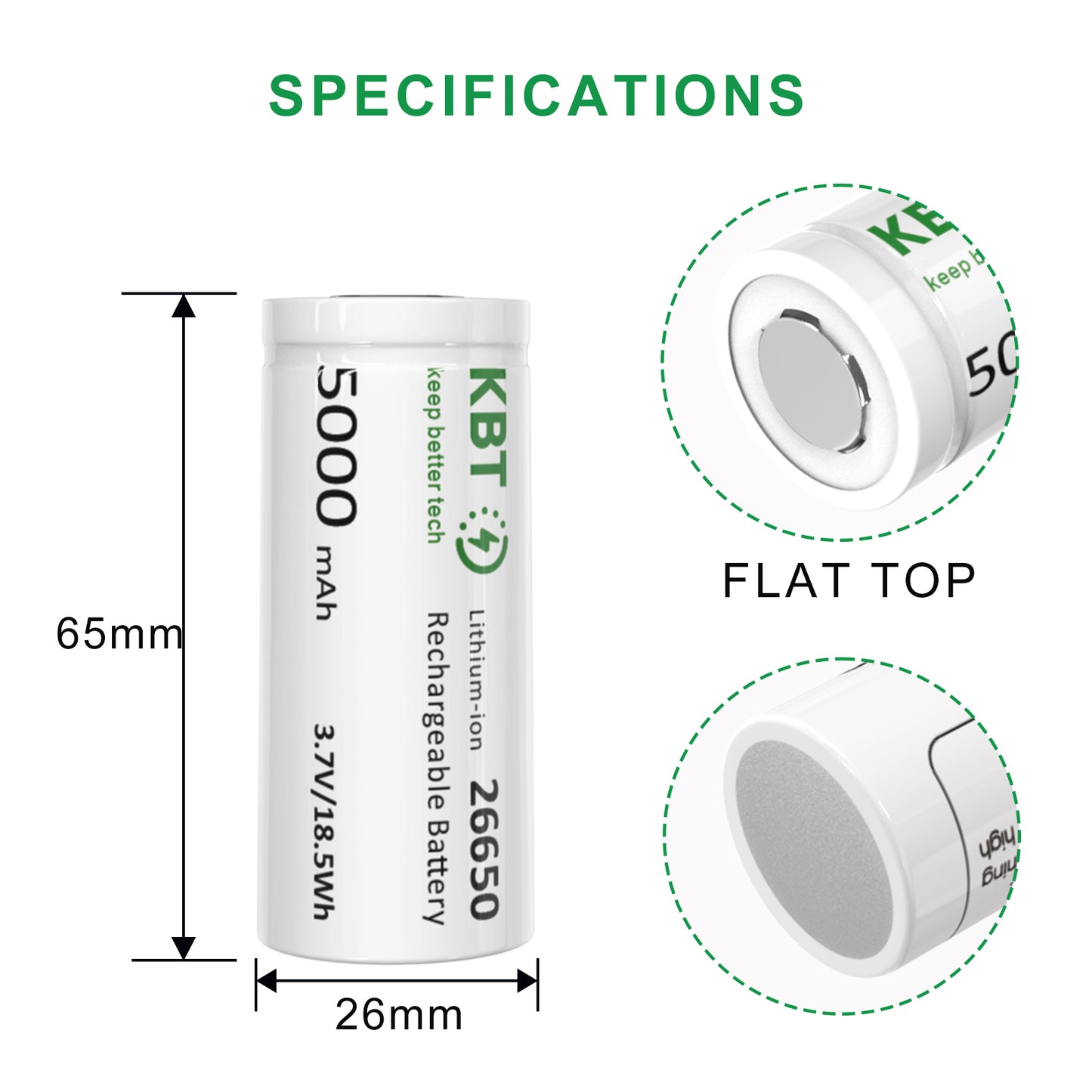 KBT 3.7V 5000mAh 26650 Rechargeable Battery, Flat Top - 2pack
