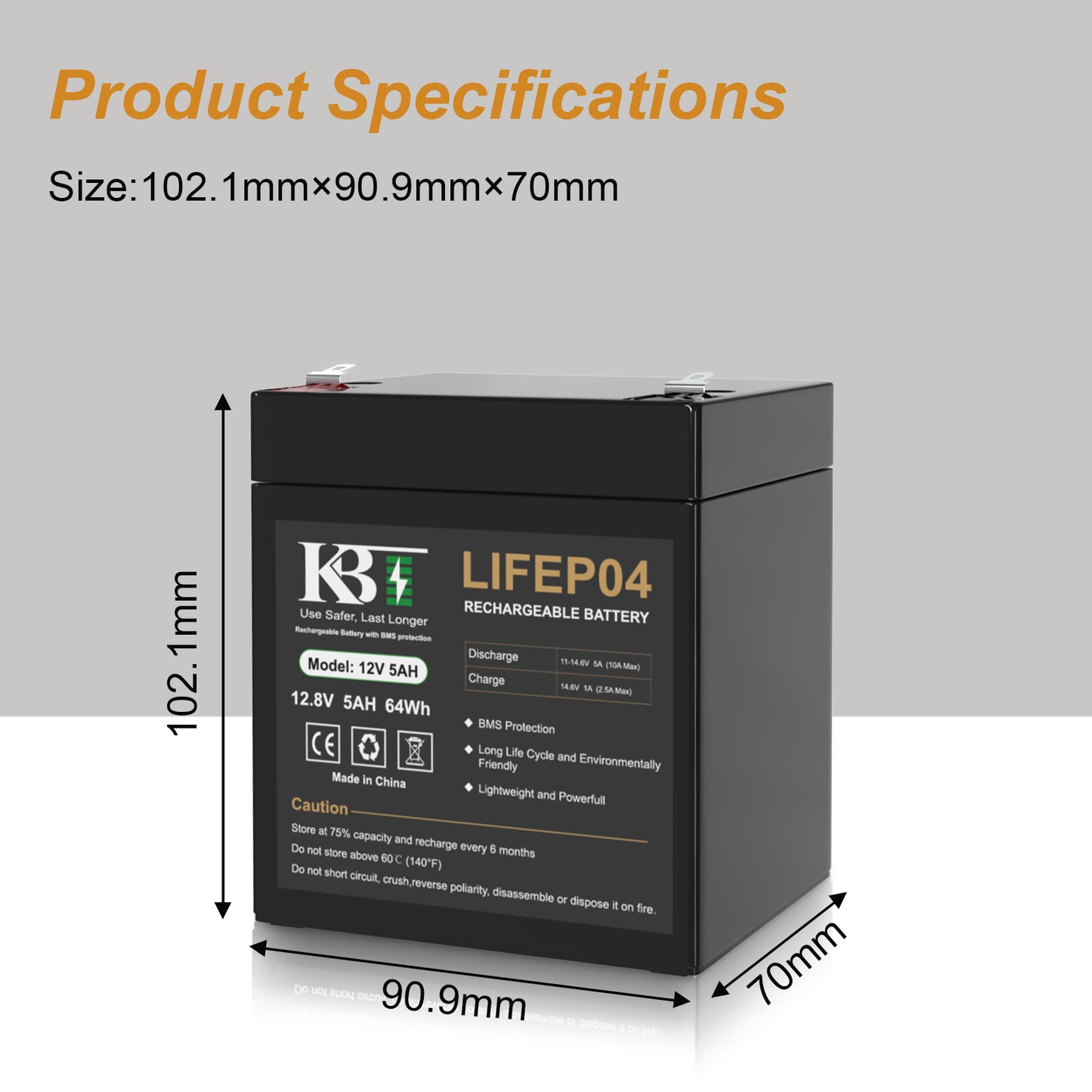 KBT 12V 5Ah Rechargeable LiFePO4 Battery for Ride On Car, Security Alarms, Garage Door Openers for Chamberlain, Genie, Liftmaster, Craftsman
