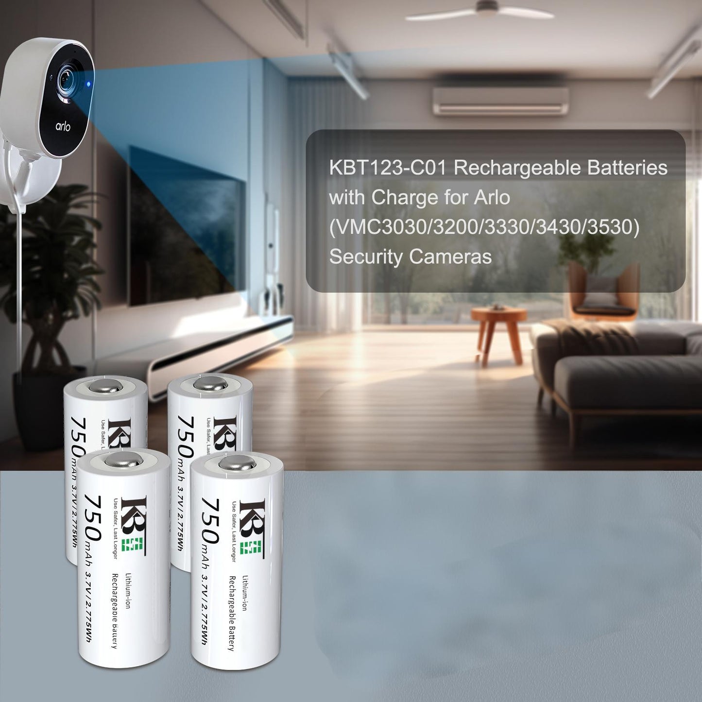 KBT 3.7V 750mAh 16340 Rechargeable Battery ( CR123A Batteries ) for Arlo Camera, Button Top