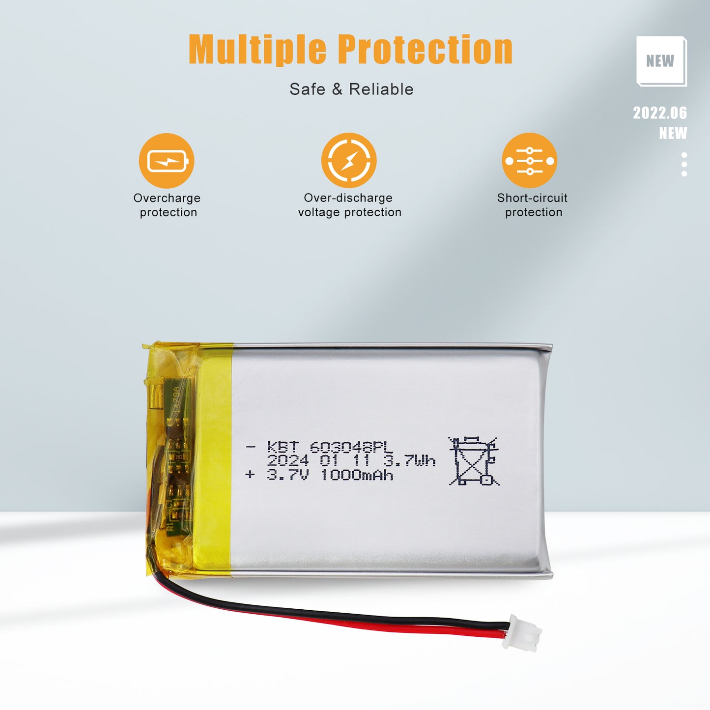 KBT 3.7V 1000mAh Li-Polymer Battery: 603048PL Lipo Rechargeable Lithium-ion Replacement Batteries with PH1.25/2.0/2.54 JST Connector