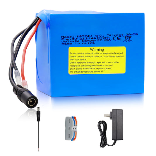 KBT 24V 4Ah Rechargeable Lithium Replacement Battery, with Charger, Charging Cable, Cable Connector for Kids Ride On Cars, Boom Box Speaker, DIY Project