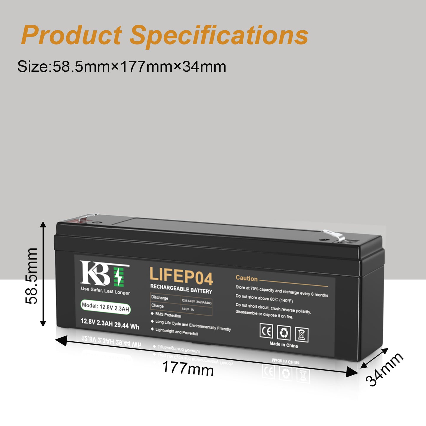 KBT 12V 2.3Ah Rechargeable Battery, Build-in BMS Protection, LiFePO4 Replacement for Lead Acid Battery