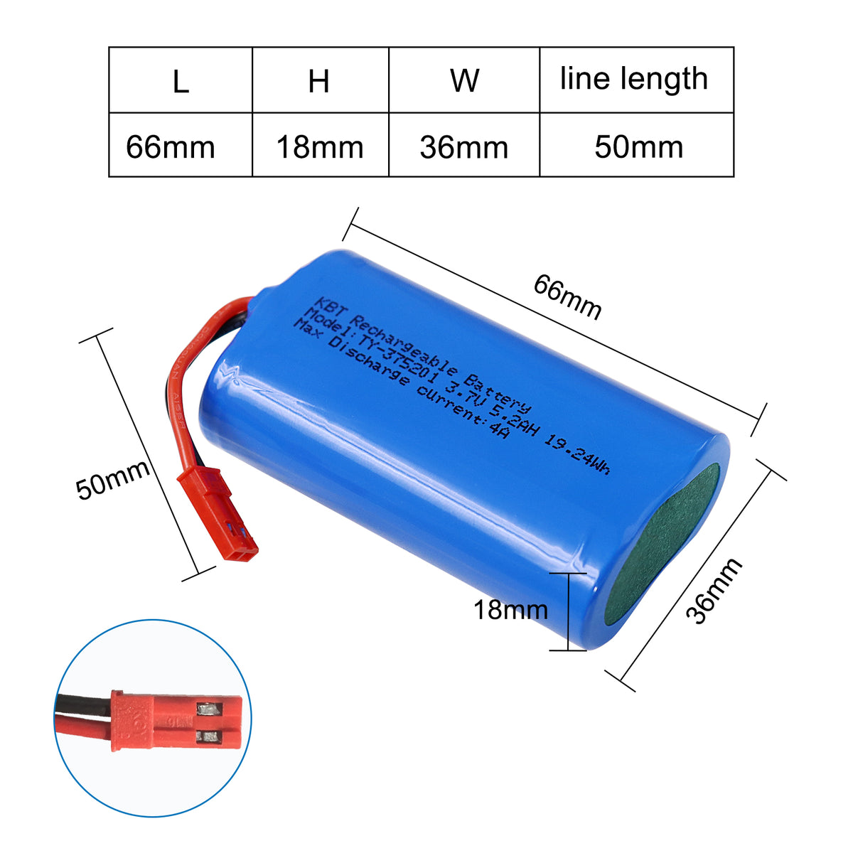 KBT 3.7V 5200mAh Li-ion Battery, JST Red Plug Connector for RC Car Toys