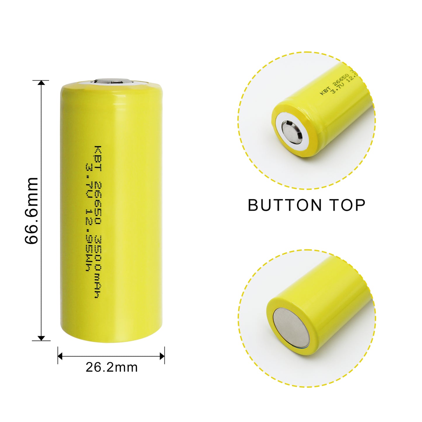 KBT 3.7V 3500mAh 26650 Rechargeable Battery, Flat Top - 2pack