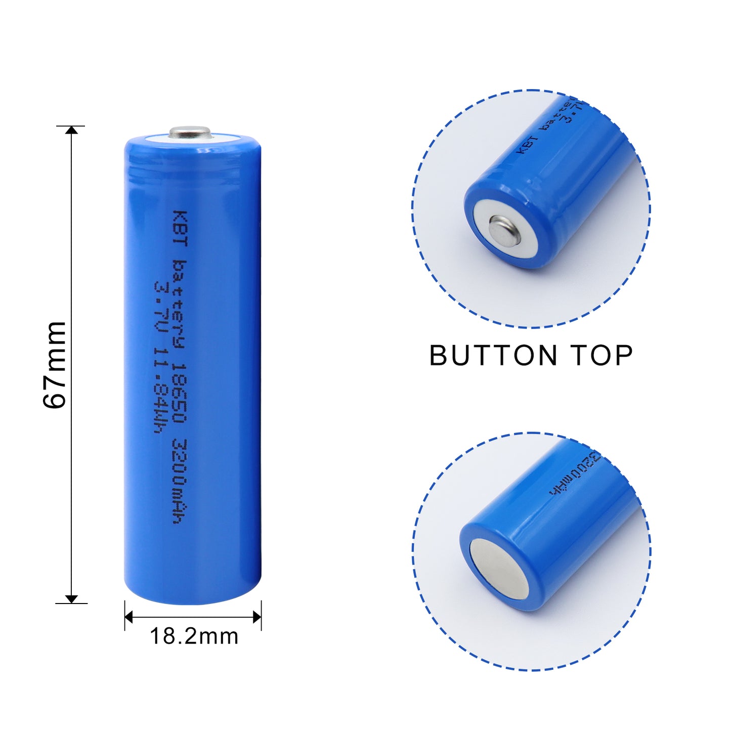 KBT 3.7V 3200mAh 18650 Rechargeable Battery, Button Top - 2pack