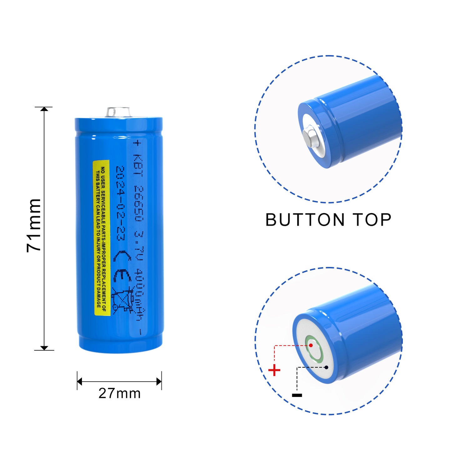 KBT 26700 Flashlight Battery (Positive & Negtive in The Same End) Button Top 3.7V Rechargeable 4000mAh Battery with Protection Board - 2Pack