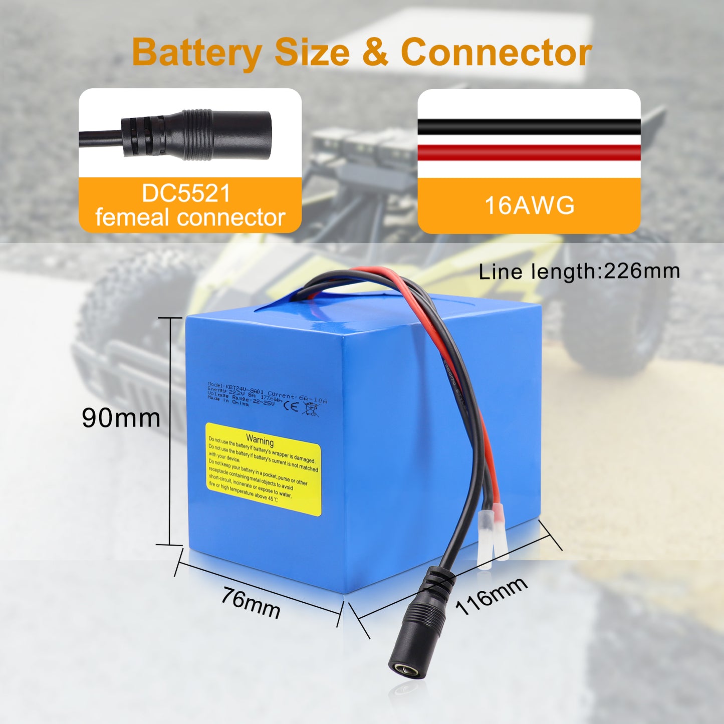 KBT 24V 8Ah Rechargeable Lithium Battery with Charger, Charging Cable, Cable Connector, Boom Box Speaker, DIY Project