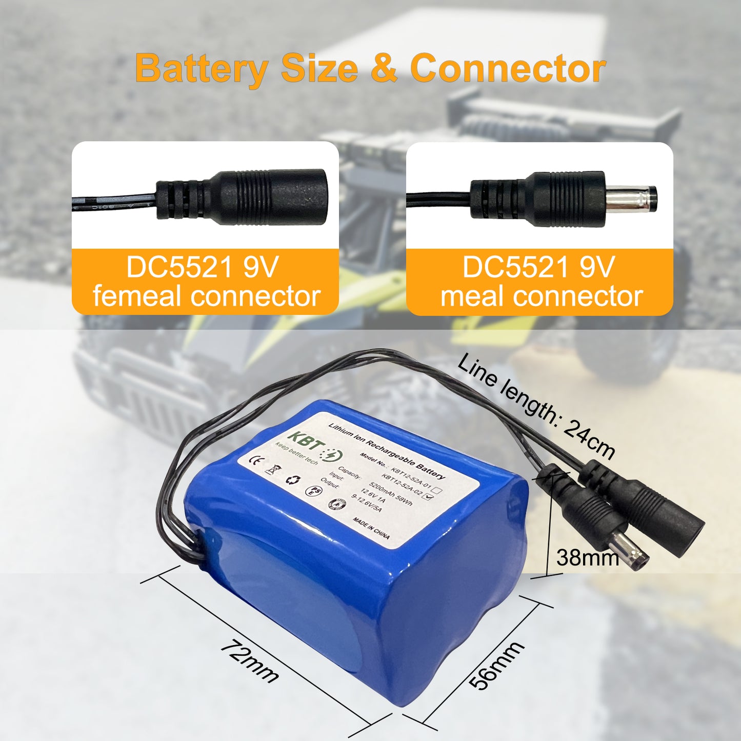 KBT 12V 5200mAh Rechargeable Li-ion Battery, DC5521 Male Connector, Replacement Battery Pack with Charger Compatible for 12V Device RC Car, Boat, Robot, DIY, LED Light Strip, CCTV Camera