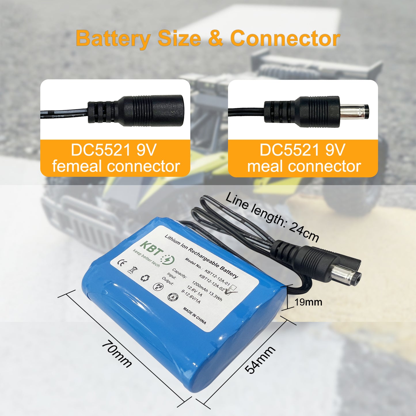 KBT 12V 1200mAh Rechargeable Li-ion Battery, 12 Volt DC5521 Male Connector, Replacement Battery Pack with Charger Compatible for 12V Devices RC Car, Boat, Robot, DIY, LED Light Strip, CCTV Camera