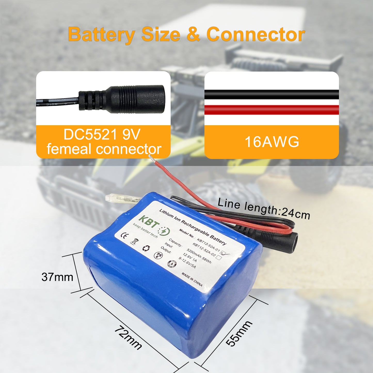 KBT 12V 5200mAh Rechargeable Li-ion Battery, Bare Leads Wire Replacement Battery Pack with Charger Compatible with 12V Devices RC Car, Boat, Robot, DIY, LED Light Strip, CCTV Camera