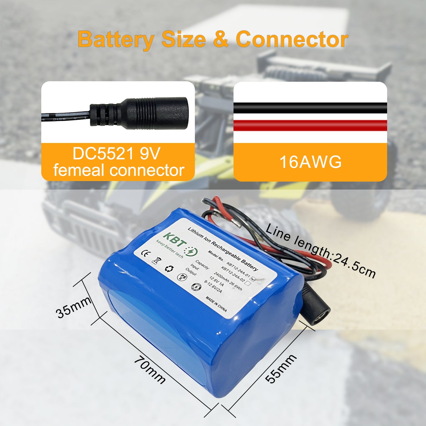 KBT 12V 2400mAh Rechargeable Li-ion Battery, Bare Leads Wire Replacement Battery Pack with Charger Compatible with 12V Devices RC Car, Boat, Robot, DIY, LED Light Strip, CCTV Camera