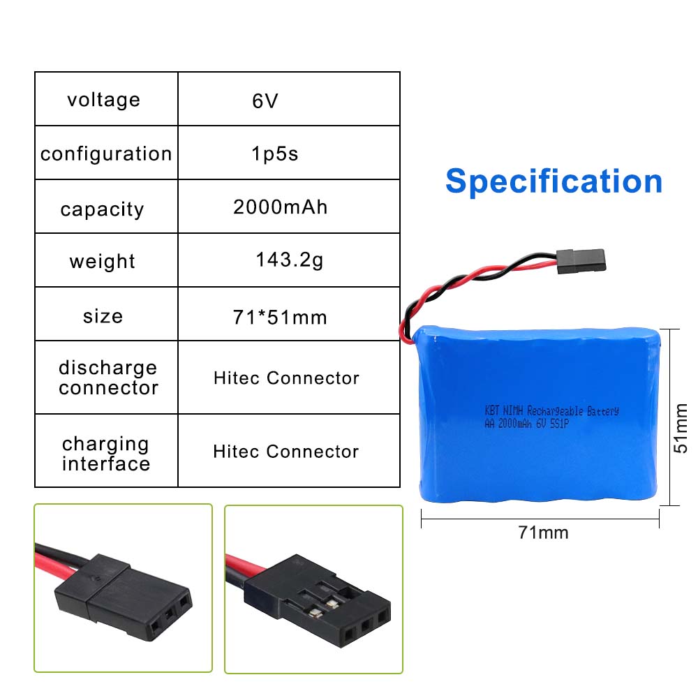 KBT 6V 2000mAh NiMH Receiver RX Battery with Hitec Connectors for RC Airplanes/RC Aircrafts