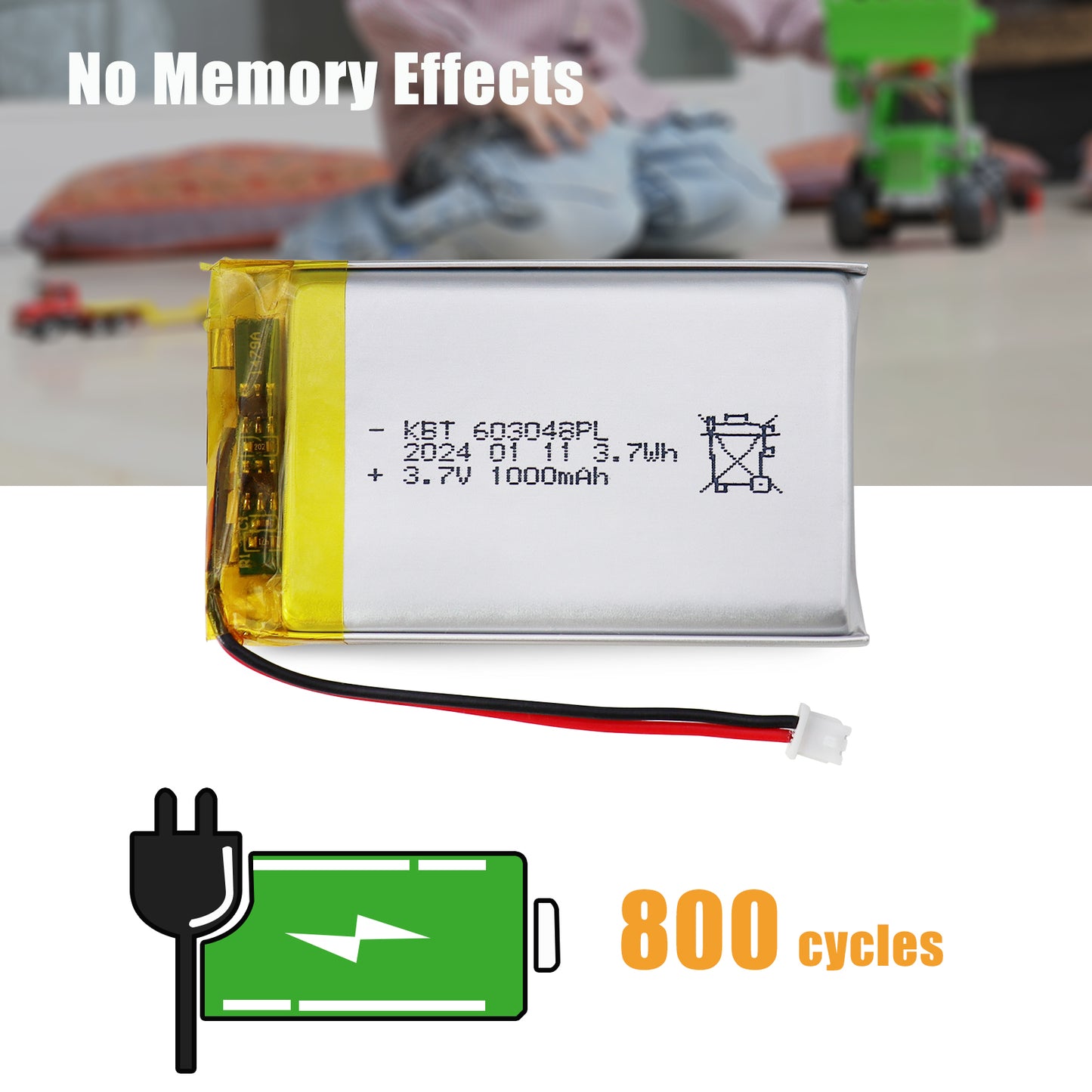 KBT 3.7V 1000mAh Li-Polymer Battery: 603048PL Lipo Rechargeable Lithium-ion Replacement Batteries with PH1.25/2.0/2.54 JST Connector