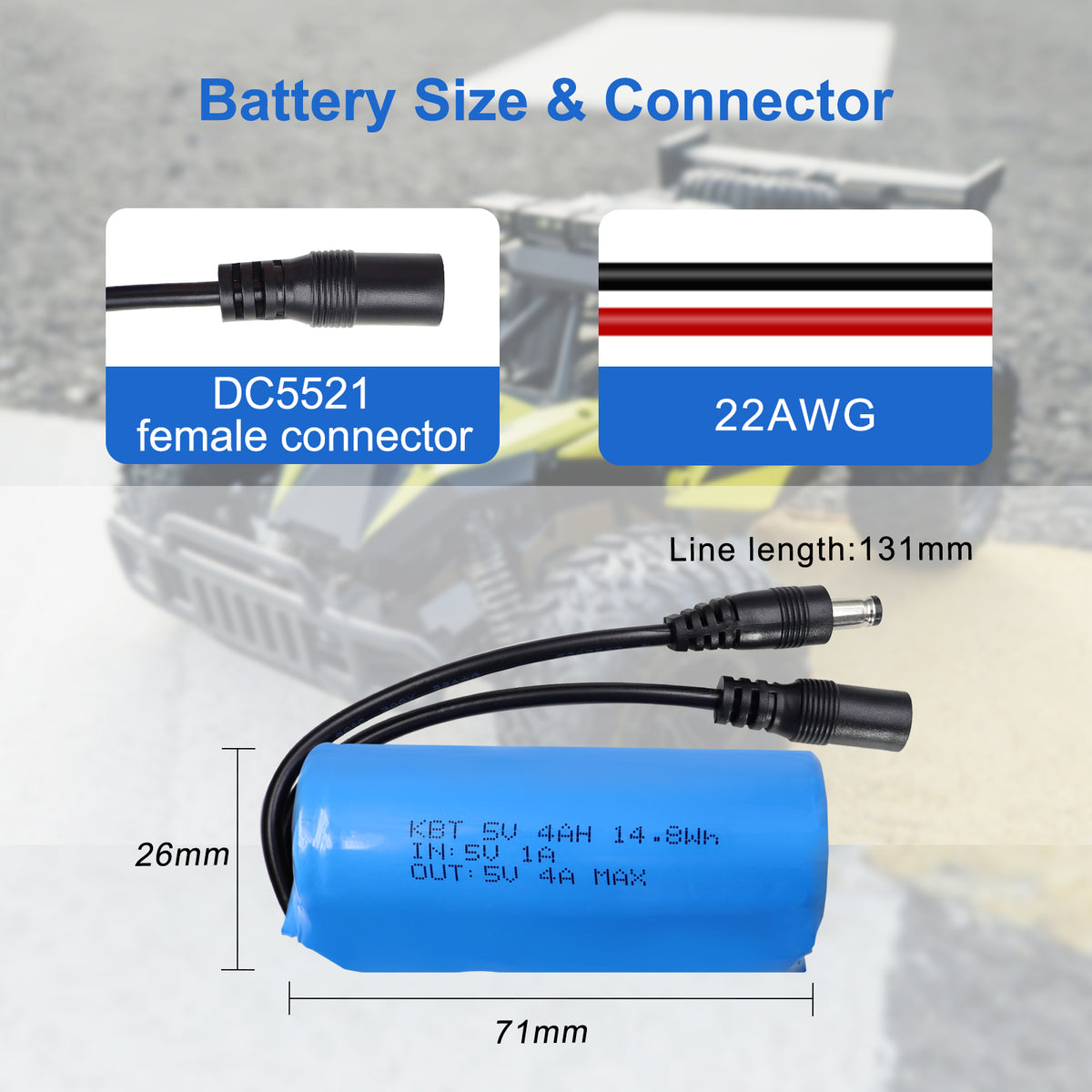 KBT 5V 4Ah Battery Pack with Charger & DC5521 Connector Cable for 5Volt Devices RC Car, Robot, DIY, LED Light Strip