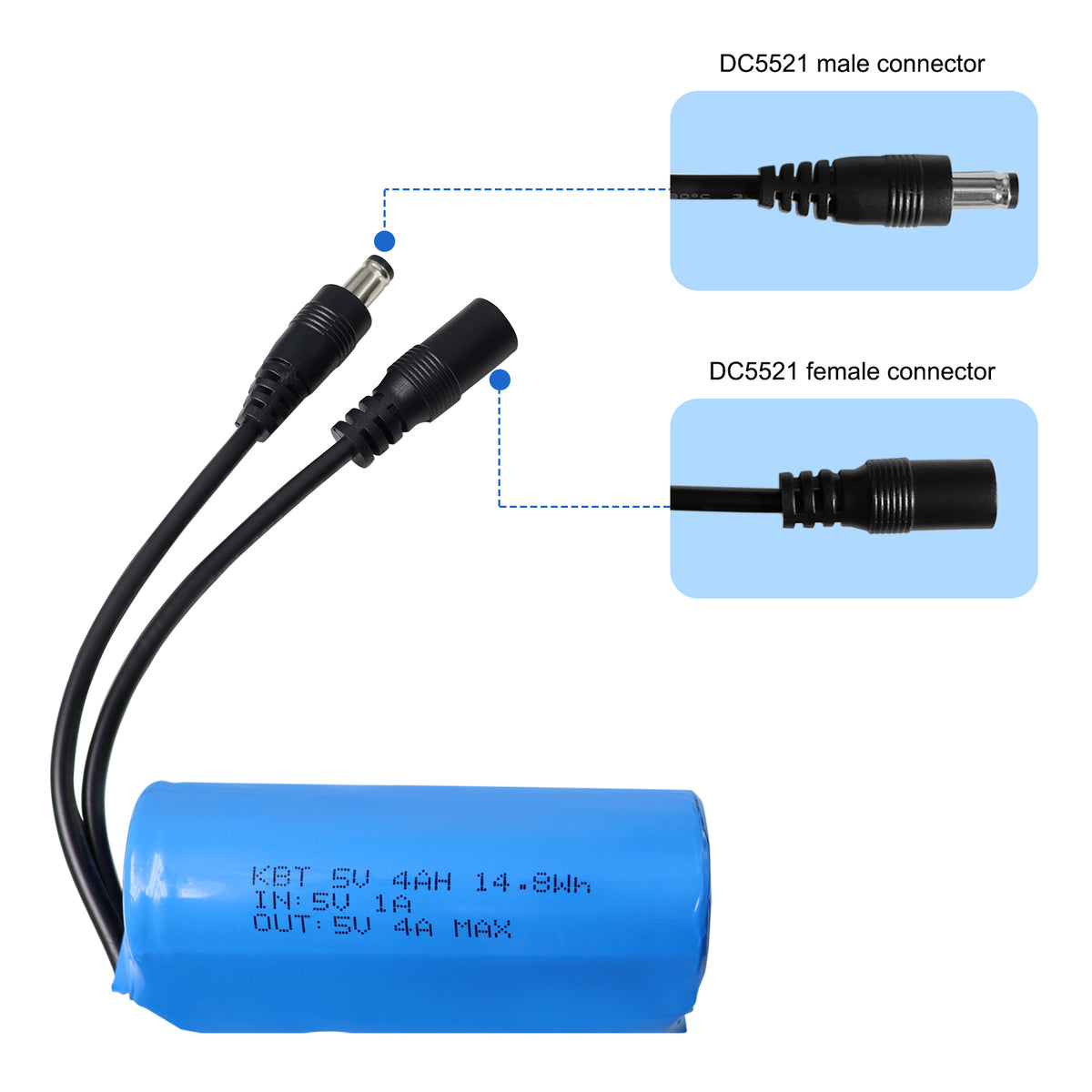 KBT 5V 4Ah Battery Pack with Charger & DC5521 Connector Cable for 5Volt Devices RC Car, Robot, DIY, LED Light Strip