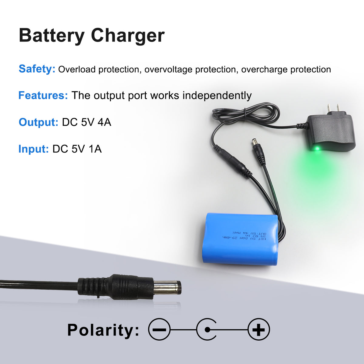 KBT 5V 8Ah Battery Pack with DC5521 Connector Cable & Battery Charger Compatible with 5 Volt Devices, RC Car, Robot, DIY, LED Light Strip