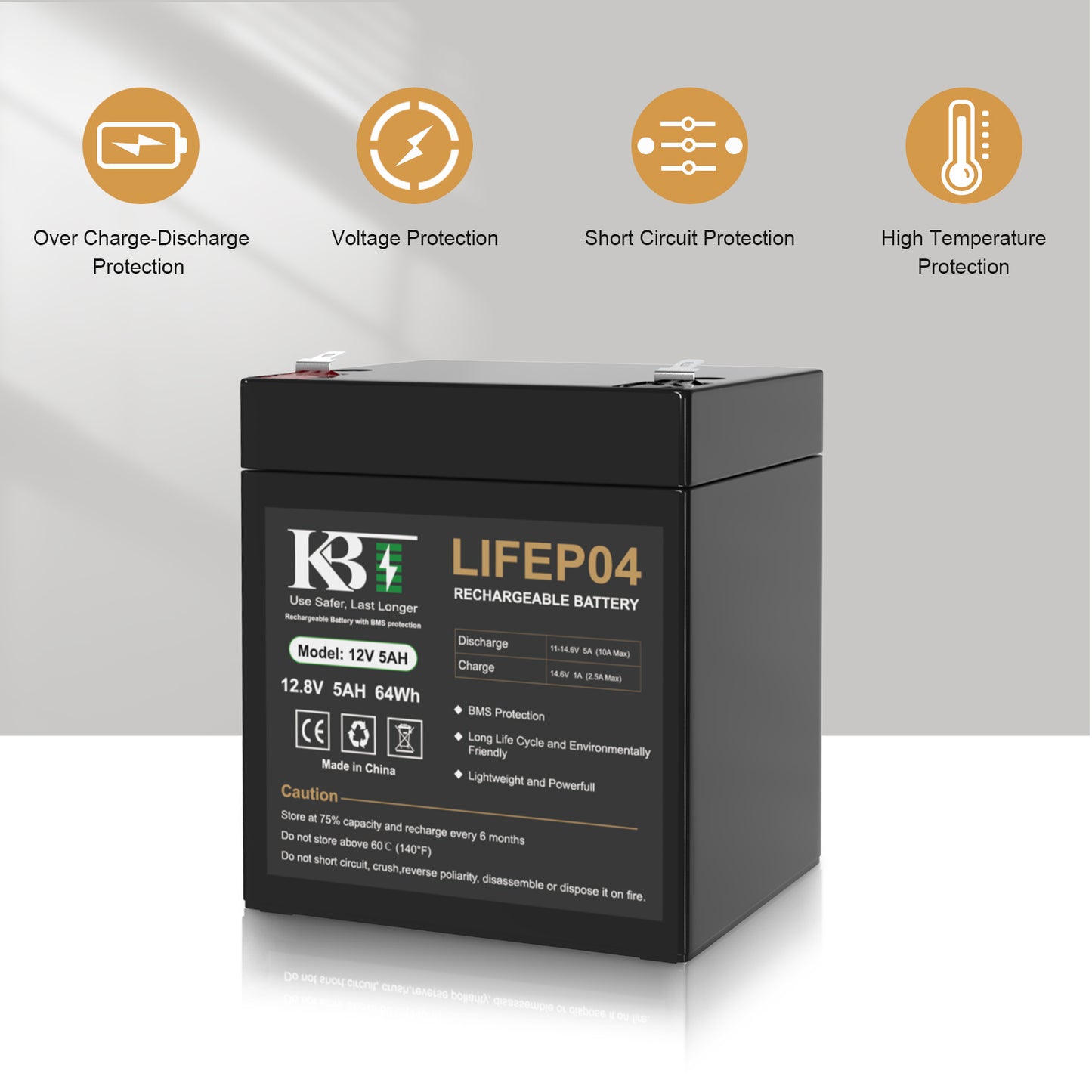 KBT 12V 5Ah Rechargeable LiFePO4 Battery for Ride On Car, Security Alarms, Garage Door Openers for Chamberlain, Genie, Liftmaster, Craftsman