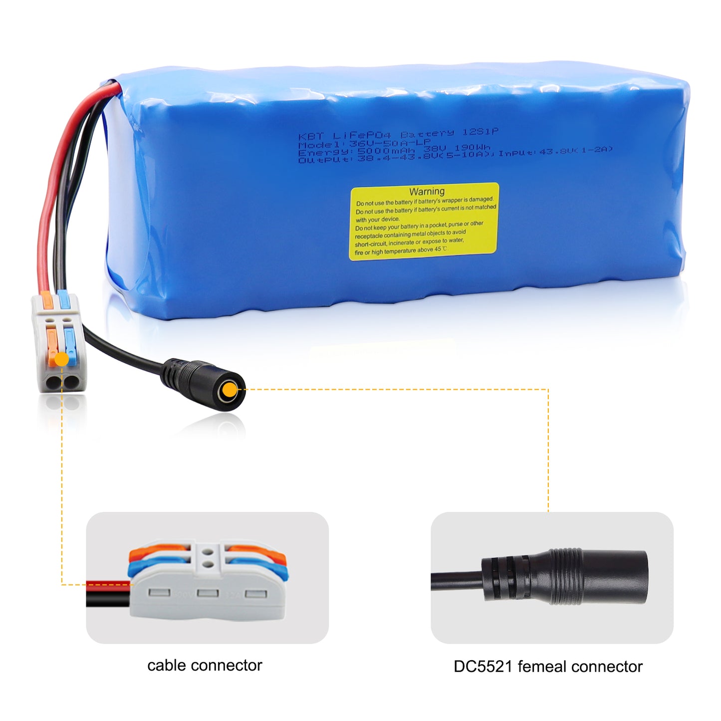 KBT 36V 5Ah Rechargeable LiFePO4 Battery Pack, with Charger, Charging Cable, Cable Connector, Build-in 10A BMS