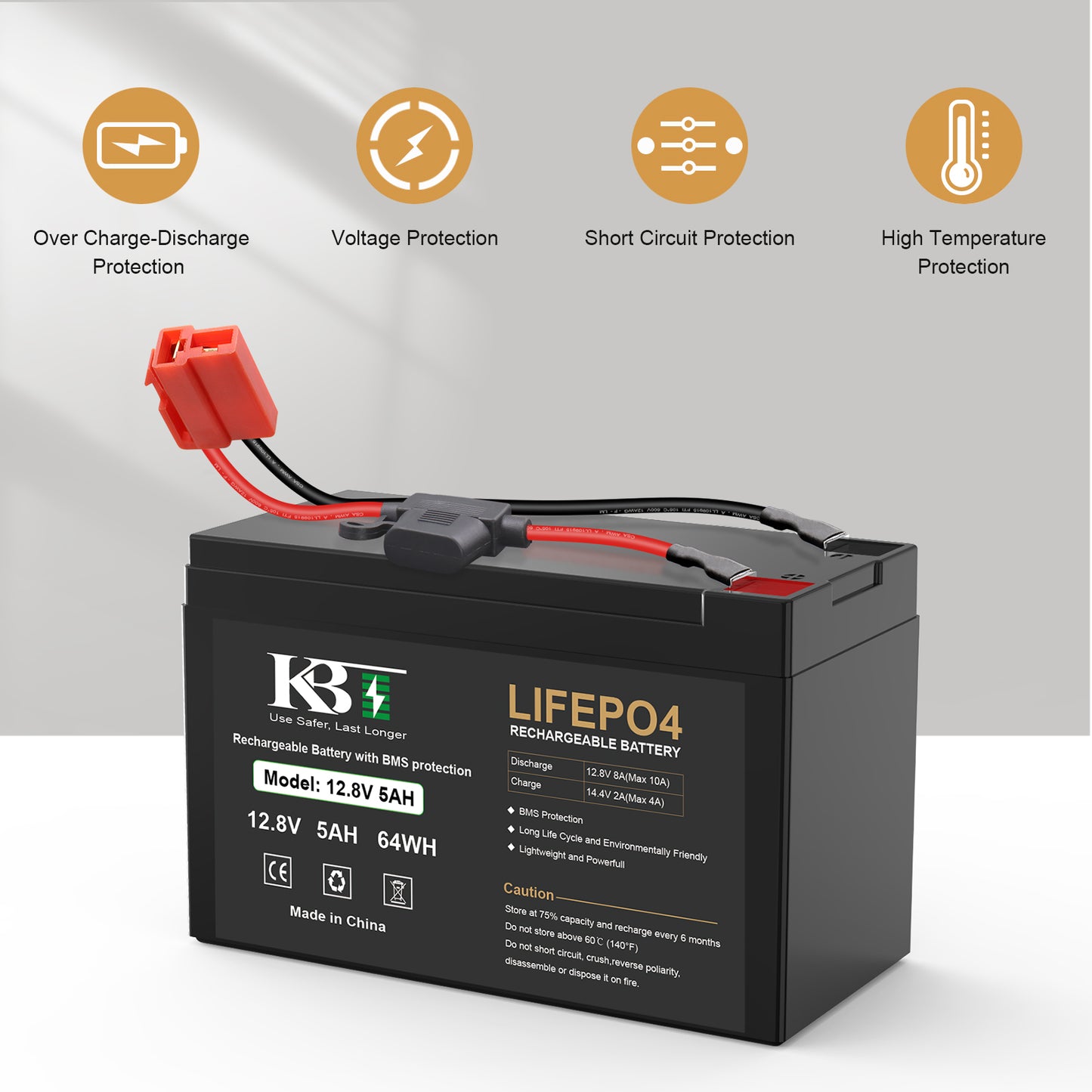 KBT 12V 5Ah Rechargeable LiFePO4 Lithium Battery Replacement for for 12-Volt Ride On Vehicle with Red 2 Pins Connector, Kid Ride-On Vehicles, with Fuse & 10A Battery BMS