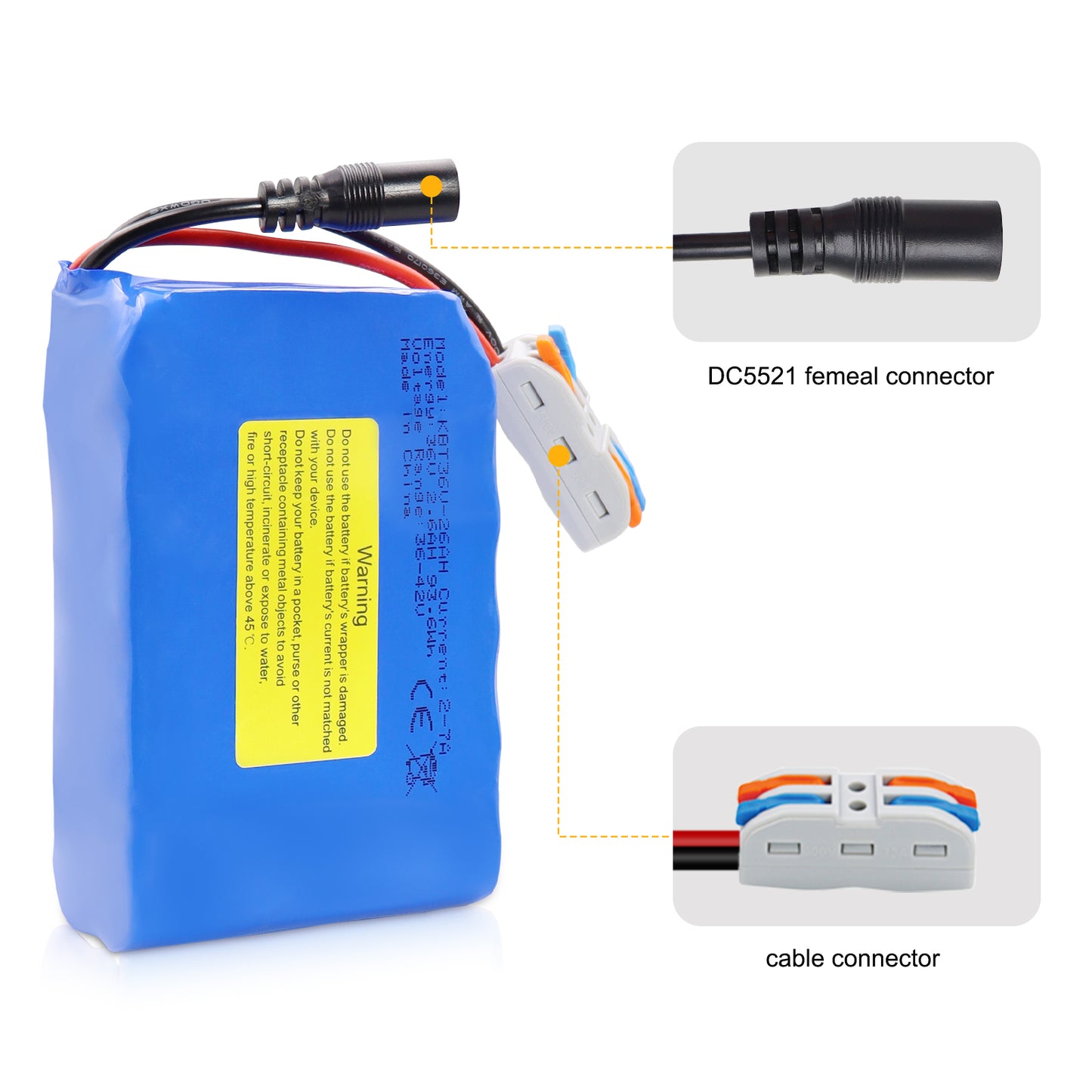 KBT 36V 2.6Ah Rechargeable Lithium Battery with Charger, Charging Cable, Cable Connector