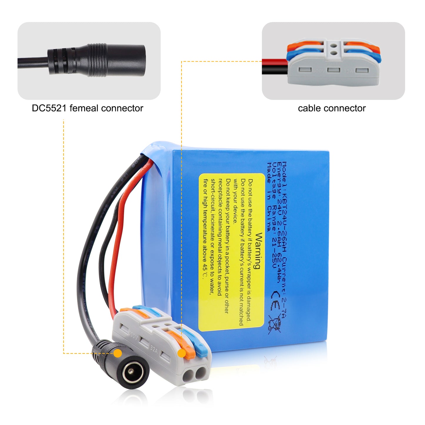 KBT 24V 2.6Ah Rechargeable Lithium Replacement Battery with Charger, Charging Cable, Cable Connector