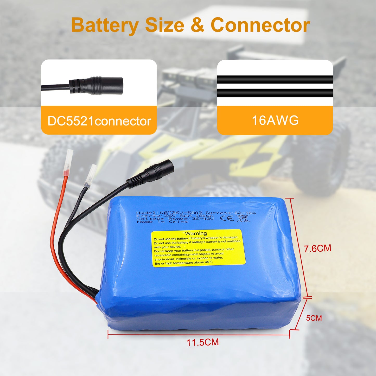KBT 36V 5Ah Rechargeable Li-ion Battery Pack, with Charger, Charging Cable, Cable Connector, Build-in 10A BMS