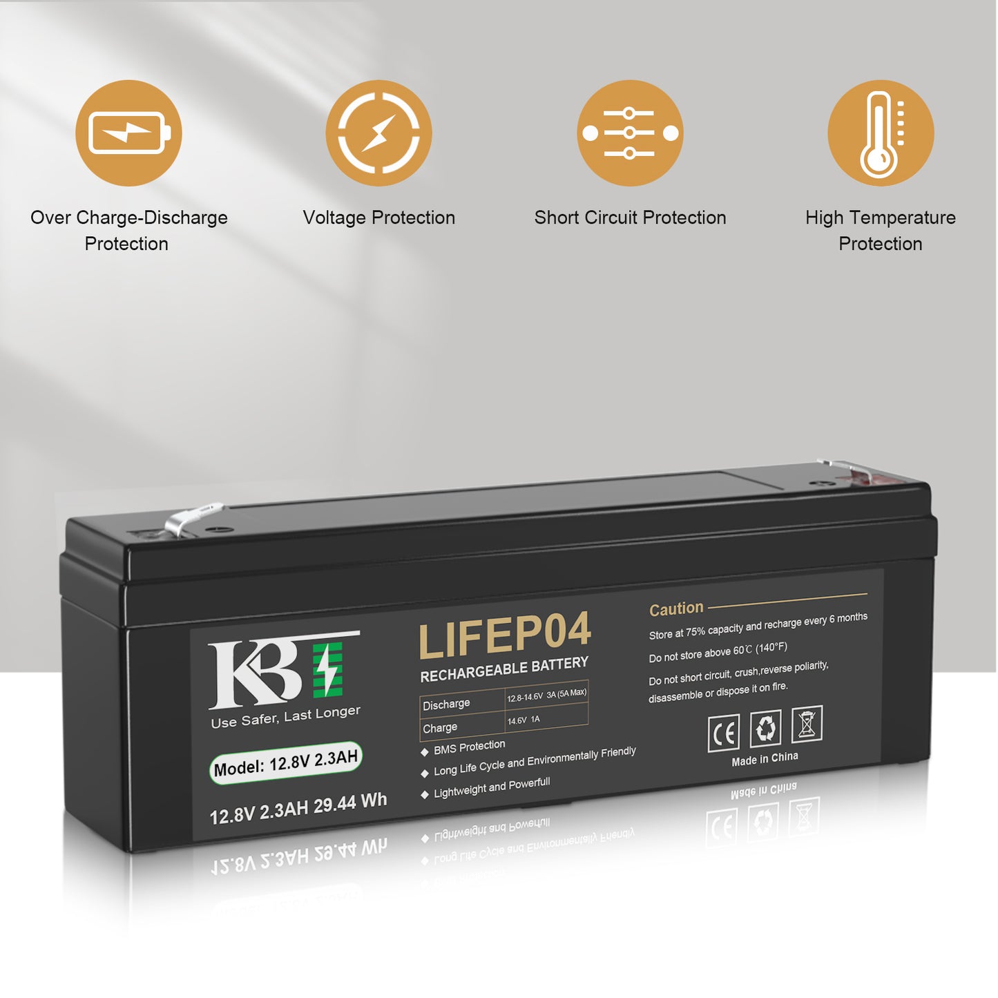 KBT 12V 2.3Ah Rechargeable Battery, Build-in BMS Protection, LiFePO4 Replacement for Lead Acid Battery