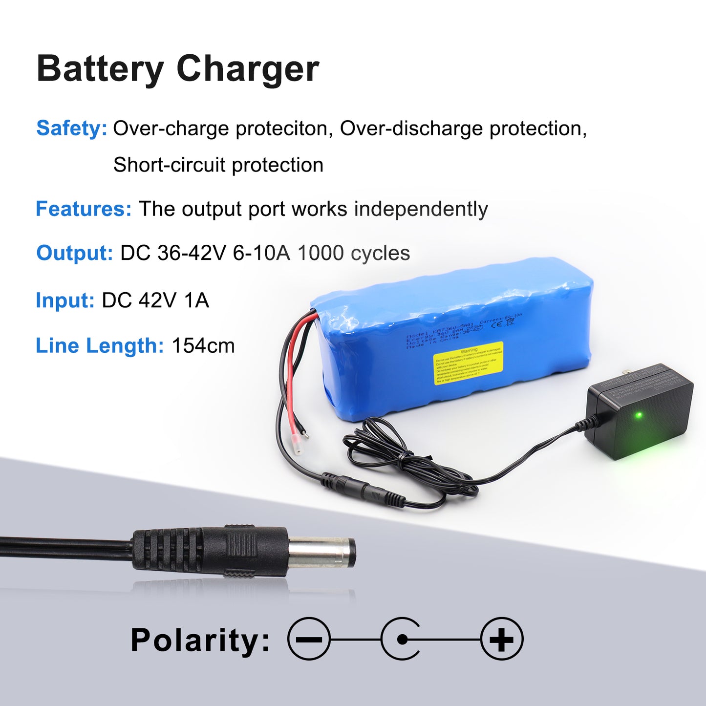 KBT 36V 8Ah Rechargeable Lithium Battery Pack, with Charger, Charging Cable, Cable Connector, Build-in 10A BMS