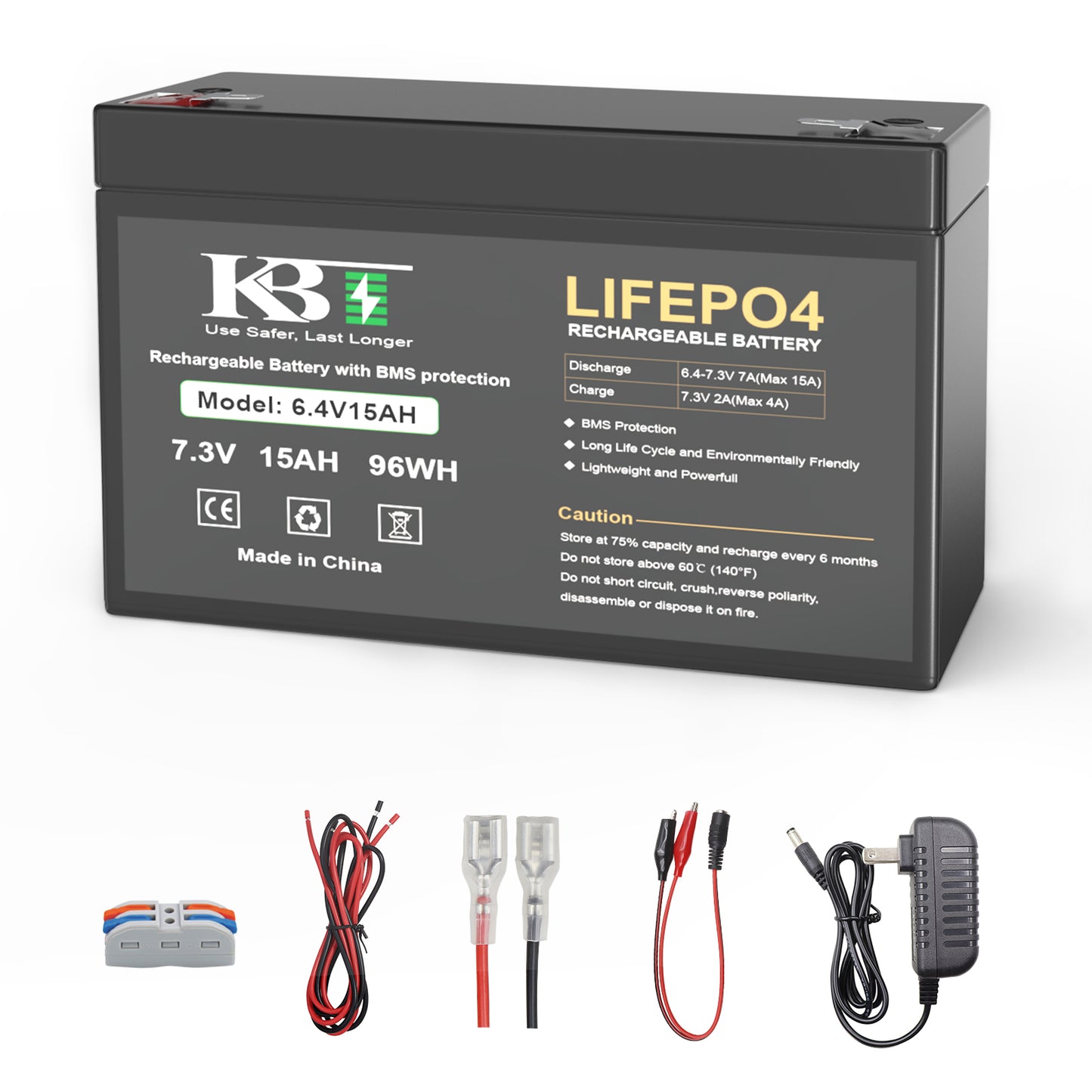 KBT 6V 15Ah Rechargeable LiFePO4 Lithium Battery Replacement, Long Lasting Life, with Charger for Ride on Toys, DIY Project, Tractor, Emergency Light Equipment, Lanterns, Deer Feeder
