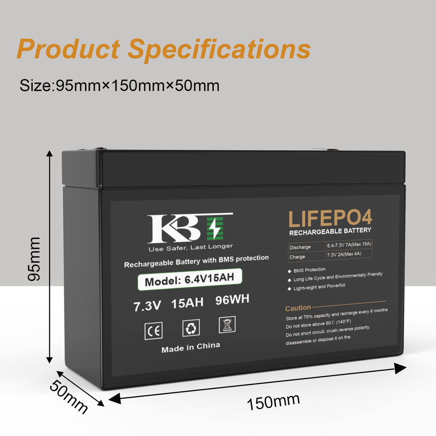 KBT 6V 15Ah Rechargeable LiFePO4 Lithium Battery Replacement, Long Lasting Life, with Charger for Ride on Toys, DIY Project, Tractor, Emergency Light Equipment, Lanterns, Deer Feeder