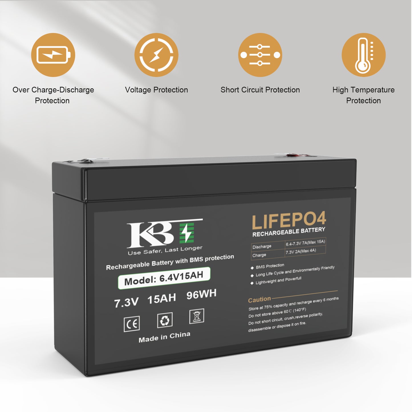 KBT 6V 15Ah Rechargeable LiFePO4 Lithium Battery Replacement, Long Lasting Life, with Charger for Ride on Toys, DIY Project, Tractor, Emergency Light Equipment, Lanterns, Deer Feeder