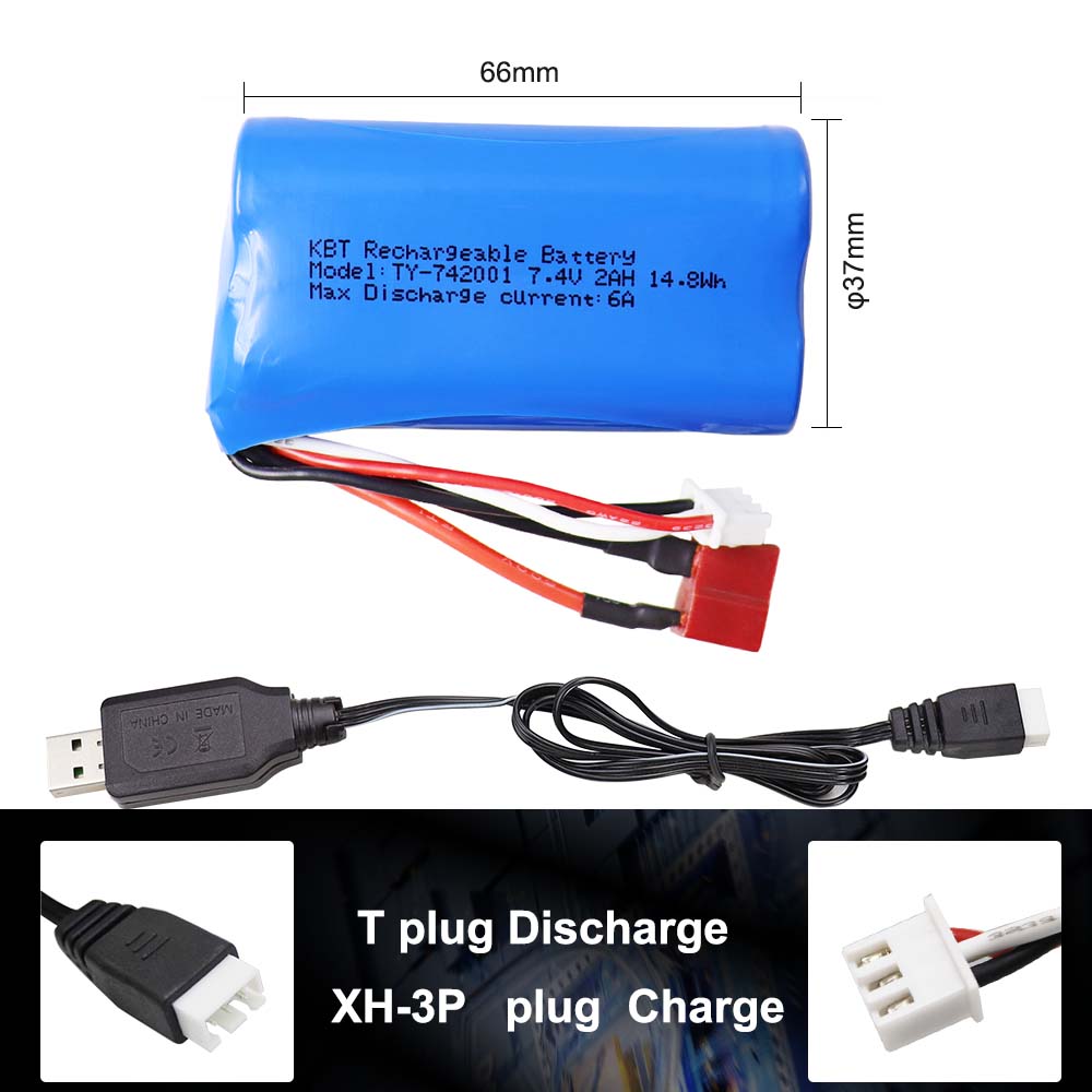 KBT 7.4V 2000mAh Li-ion Battery with T Plug and XH-3Pin Connector for RC Car Toys
